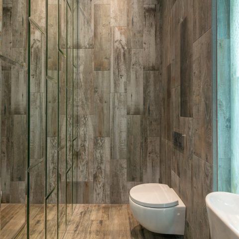 modern and minimalistic bathroom with wooden panels on walls