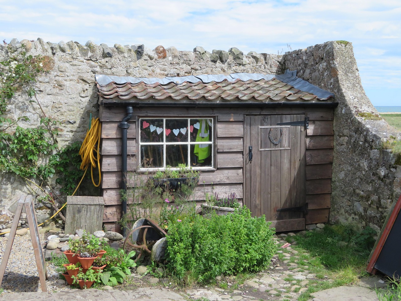 Een man bouwt zelf een houten tuinhuis in de tuin